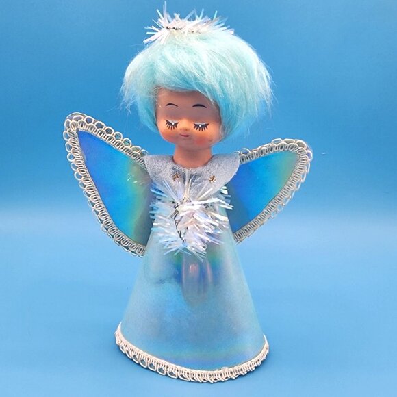 Vintage 1960s Blue Hair Angel Tree Topper Iridescent Gown Tinsel Halo Retro Xmas - Picture 3 of 12